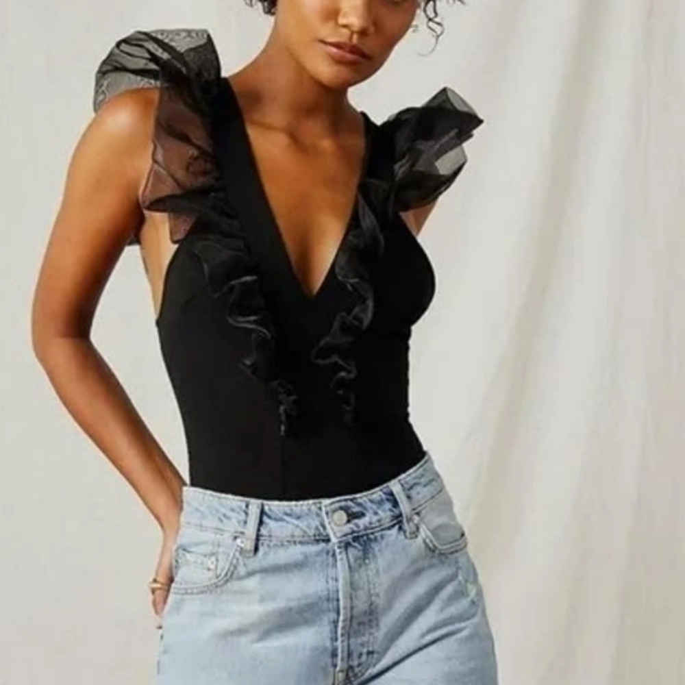 Intimately Free People Bodysuit Size Small S Black Ruffle V Neck Chiffon Ballet